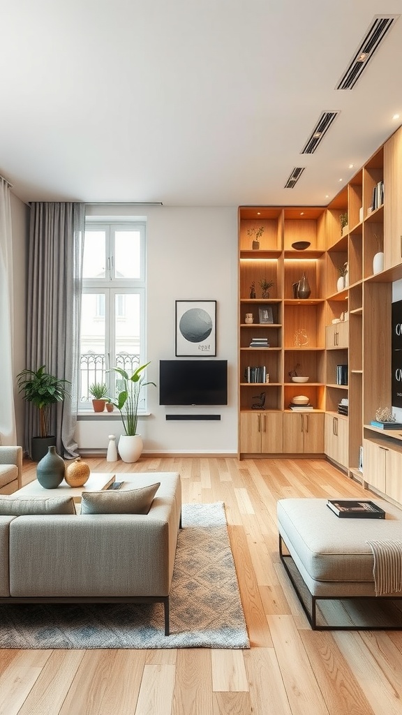 Stylish living room-dining room combo featuring smart storage solutions