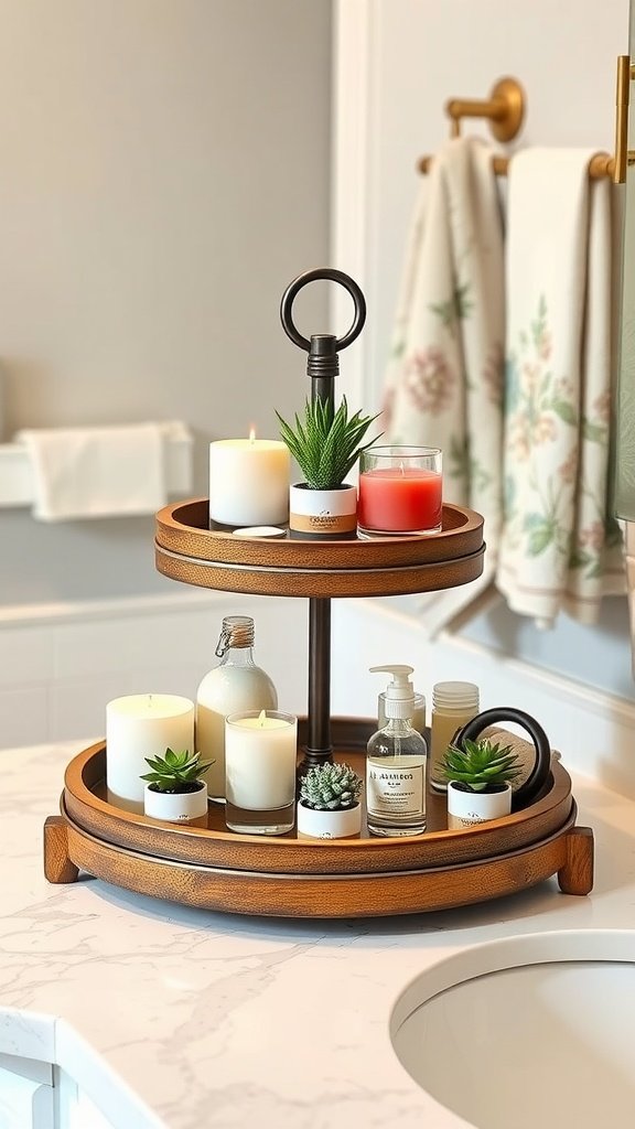 A two-tiered wooden tray on a bathroom counter displaying candles, plants, and decorative bottles.