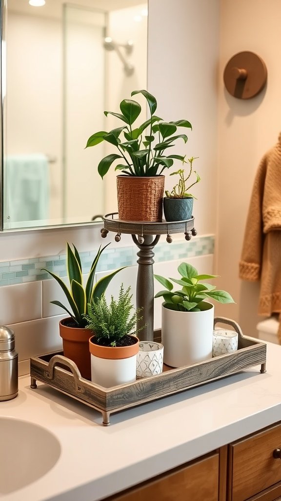 A two-tiered farmhouse tray with various plants on a bathroom counter, showcasing a stylish and organized decor.