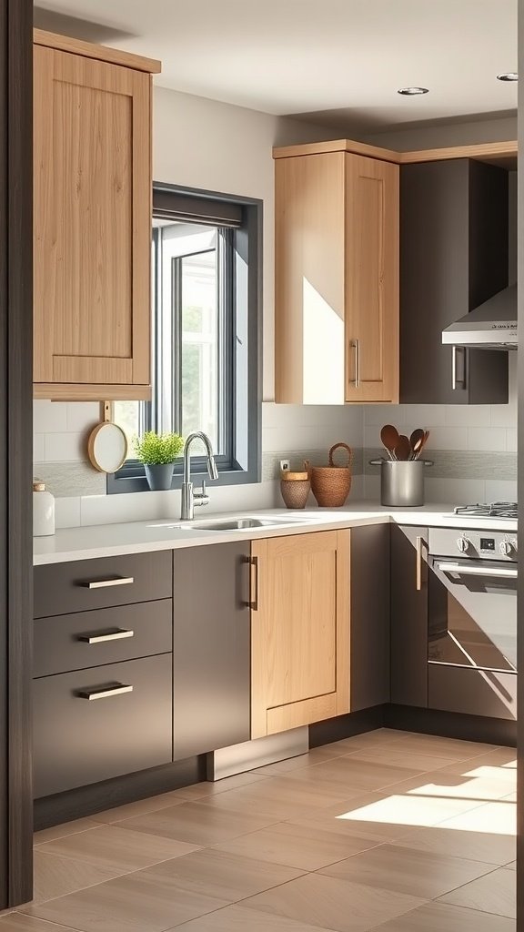 A modern kitchen featuring two-toned cabinets with light wood and dark finishes.