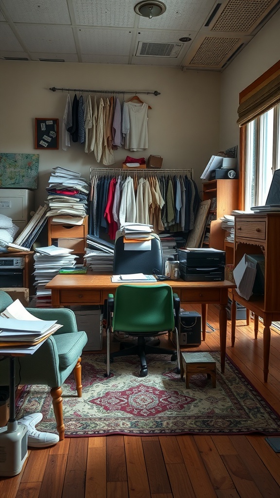 A cluttered home office with scattered papers, hanging clothes, and an unorganized workspace.