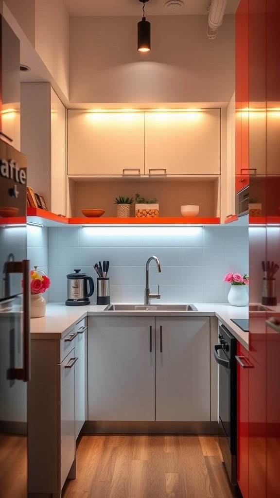 A modern small apartment kitchen with under-cabinet lighting