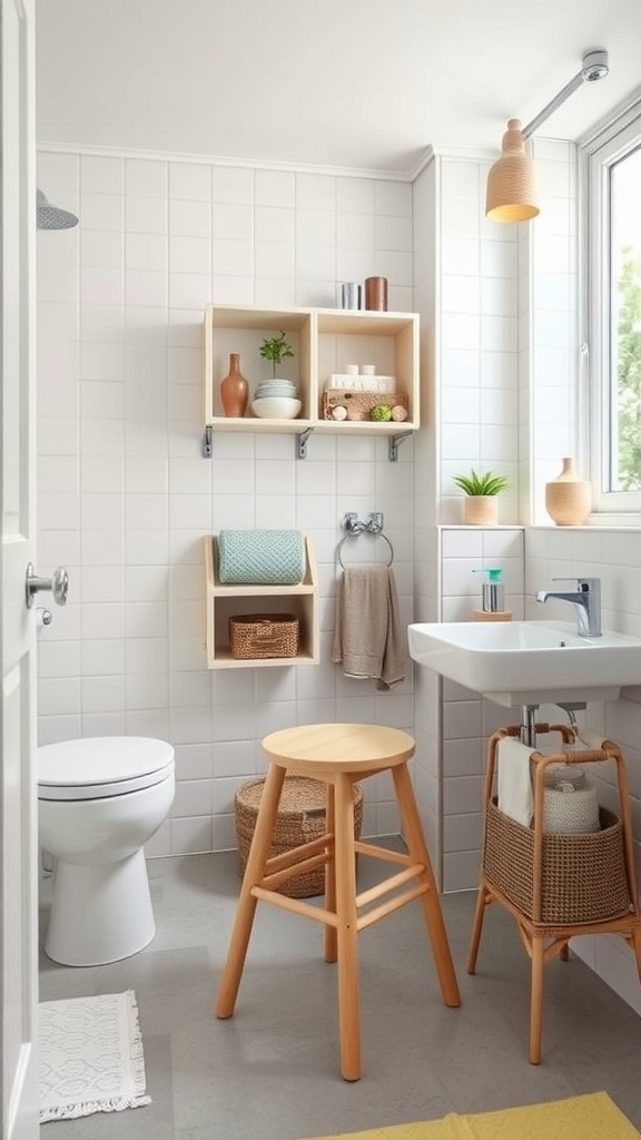 A bright bathroom featuring an updated Ikea Bekvam stool, wooden shelves with decor, and a clean design.