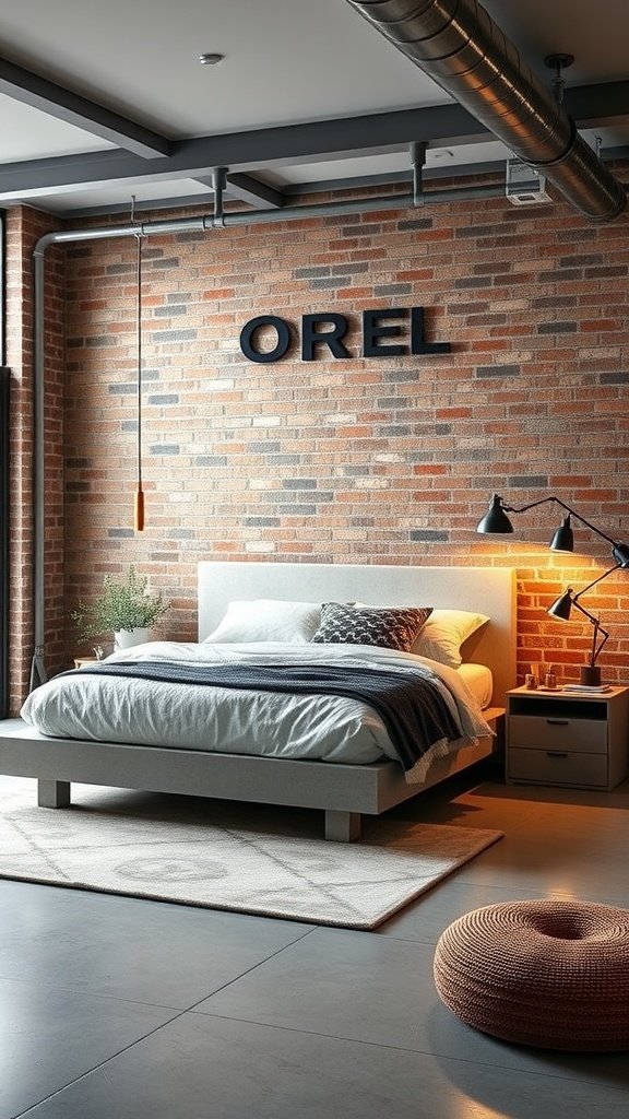 A modern industrial bedroom with concrete elements, featuring a brick wall, a bed, and warm lighting.