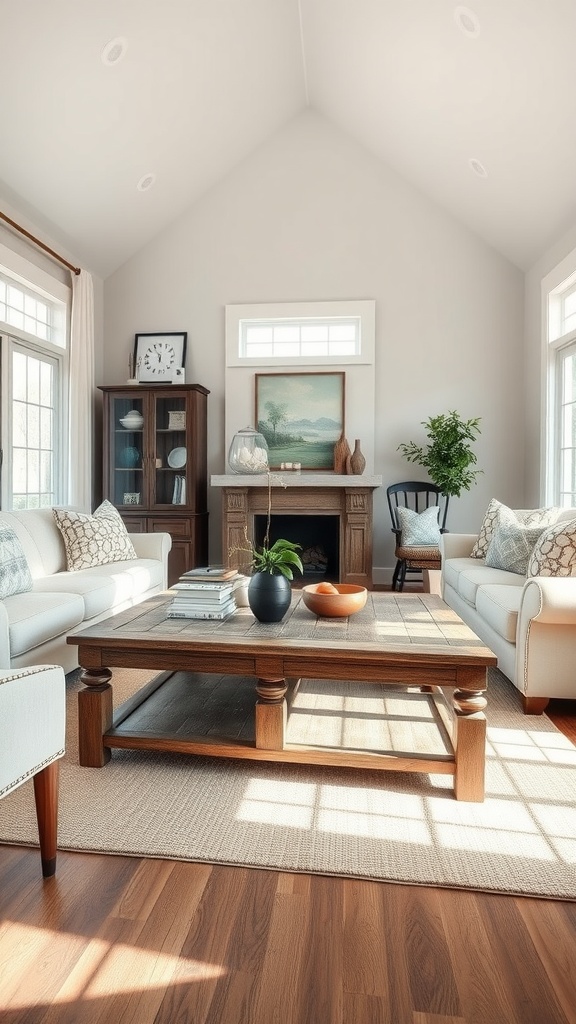 Living room with a vintage distressed wood coffee table, light-colored sofas, and natural wood flooring.