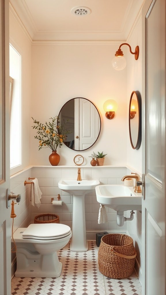 A small bathroom with warm white walls, stylish fixtures, and cozy decor.