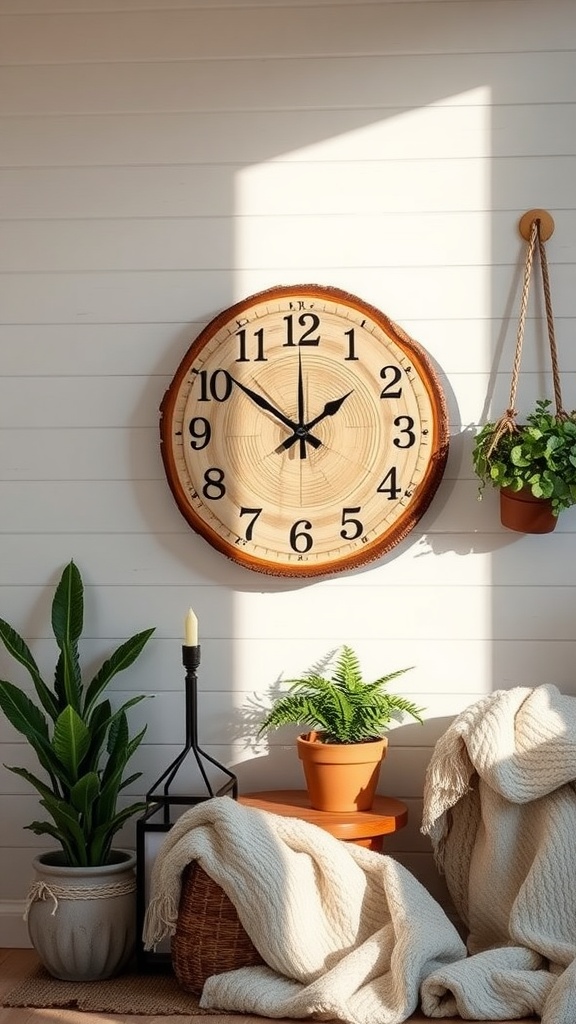 A wood slice wall clock in a cozy modern farmhouse living room with plants and a knitted throw.
