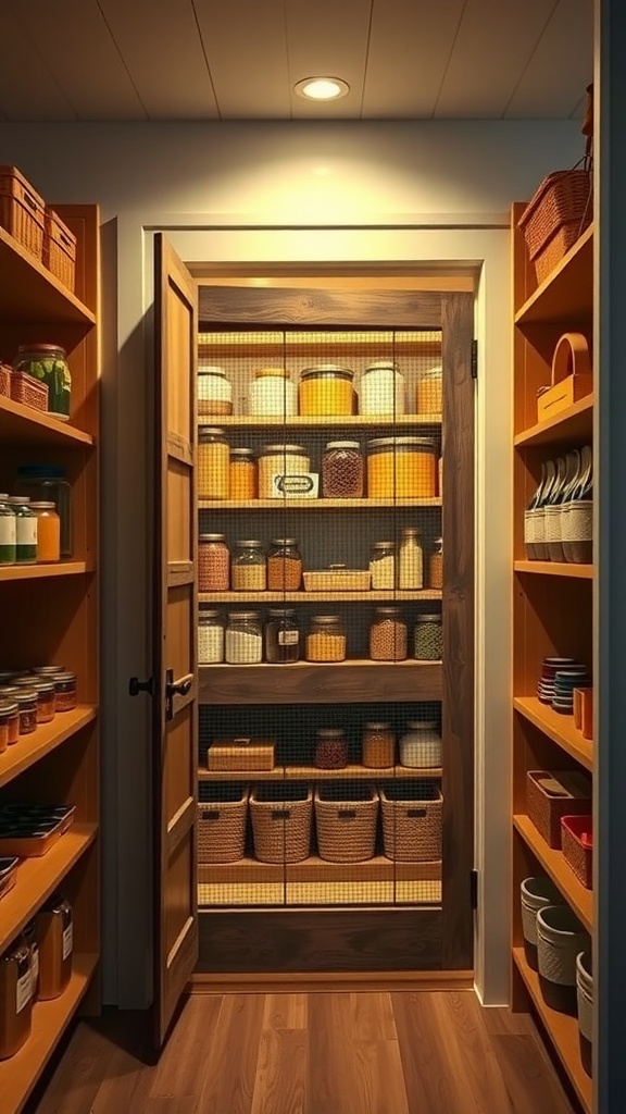 A cozy modern farmhouse pantry with a screen door, featuring organized shelves of jars and baskets