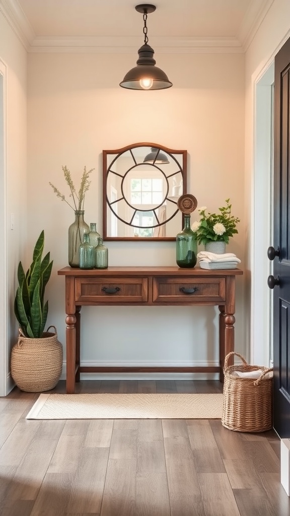 A rustic console table with a mirror in a welcoming entryway, featuring plants and decorative vases.