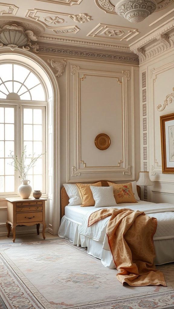 A beautifully designed bedroom featuring intricate ceiling details, ornate moldings, a large window, and soft, muted decor.