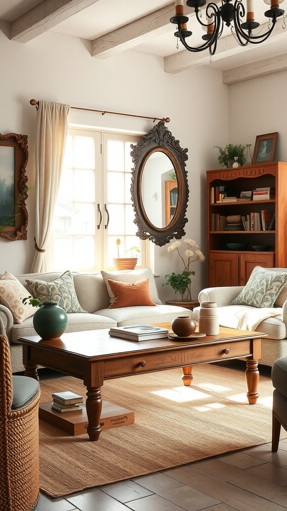A cozy modern farmhouse living room featuring antique decor items, including an ornate mirror and a wooden table.
