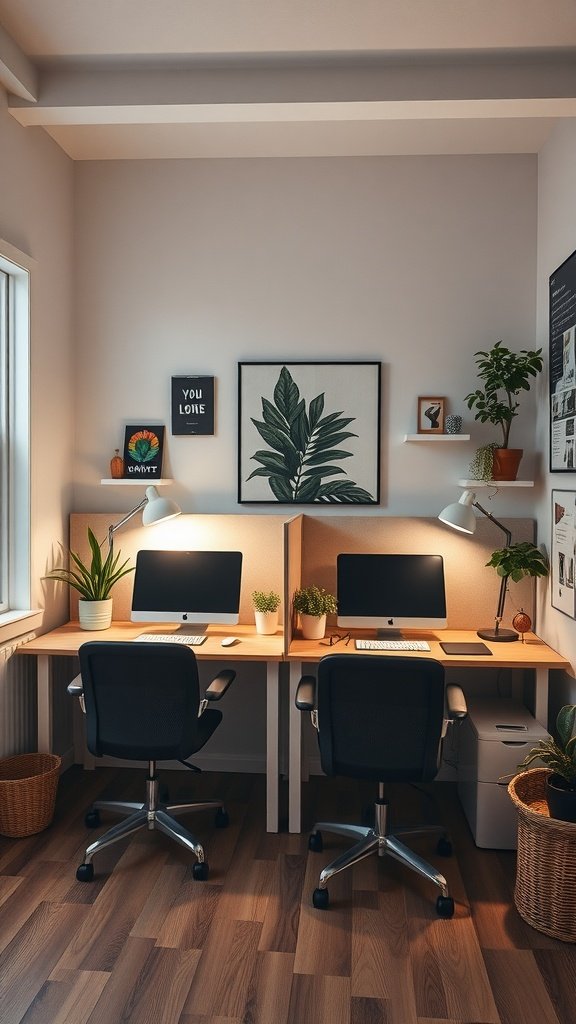 Cozy back-to-back desk setup in a small home office with low partition and plants.