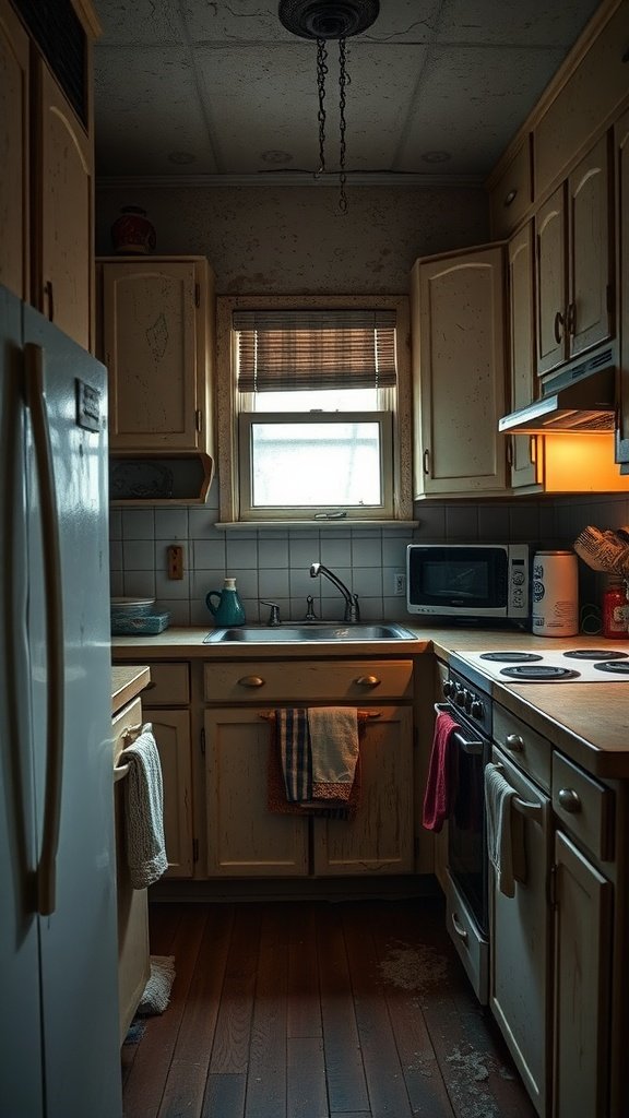 Before image of a dated kitchen with dingy cabinets and dim lighting