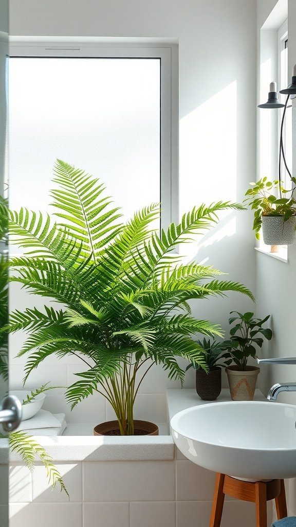 A Boston Fern in a bright bathroom setting, showcasing its lush green fronds.
