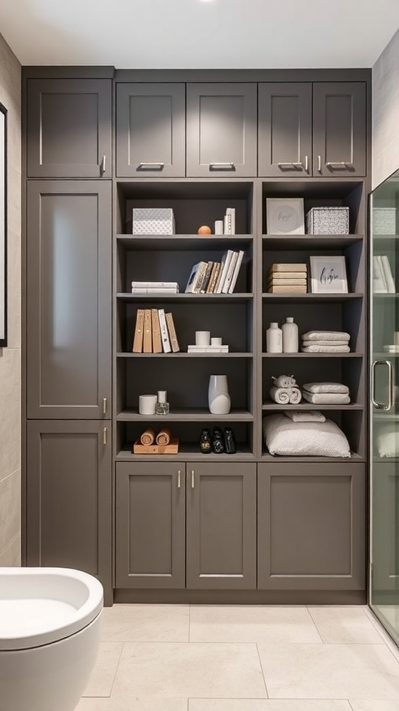Modern built-in tall cupboards in a stylish bathroom with organized shelves and closed storage.