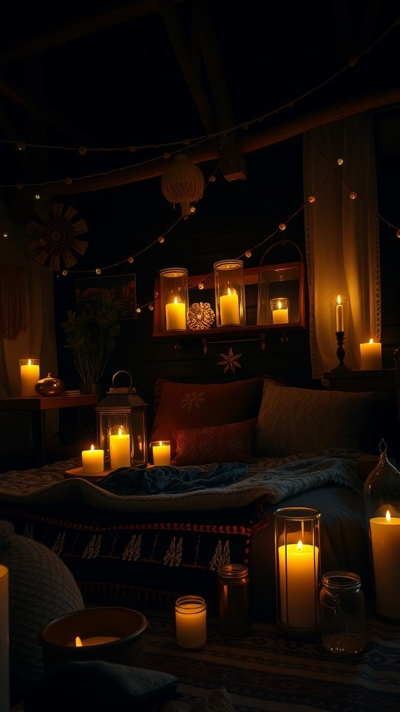 A cozy dark boho bedroom filled with glowing candles and lanterns.