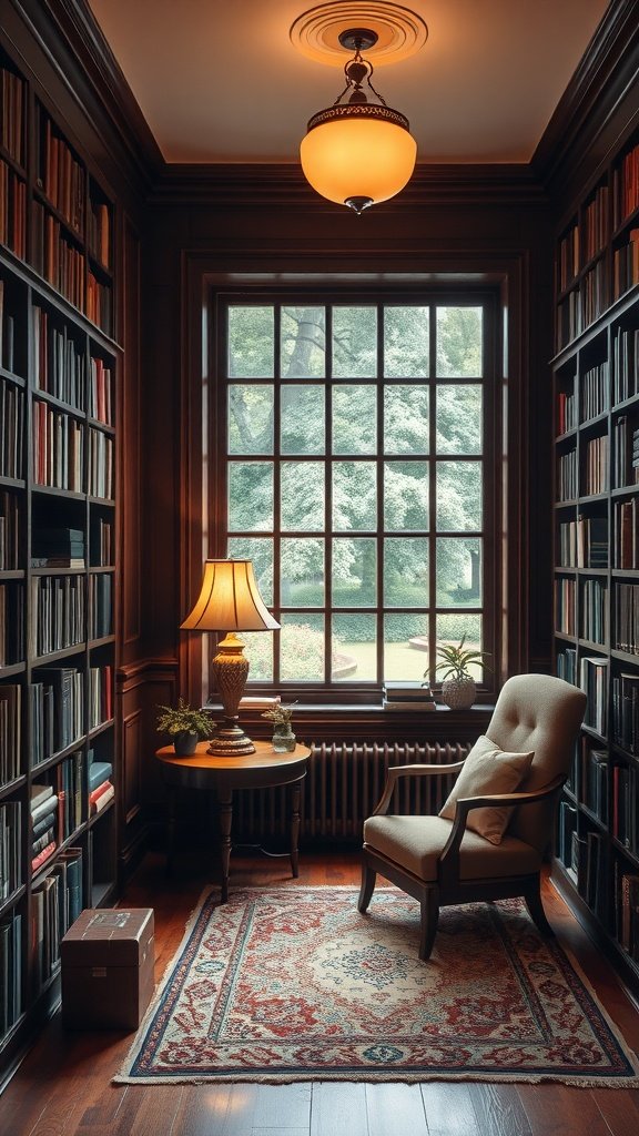 Classic library sanctuary with wooden bookshelves, an armchair, a lamp, and a window.
