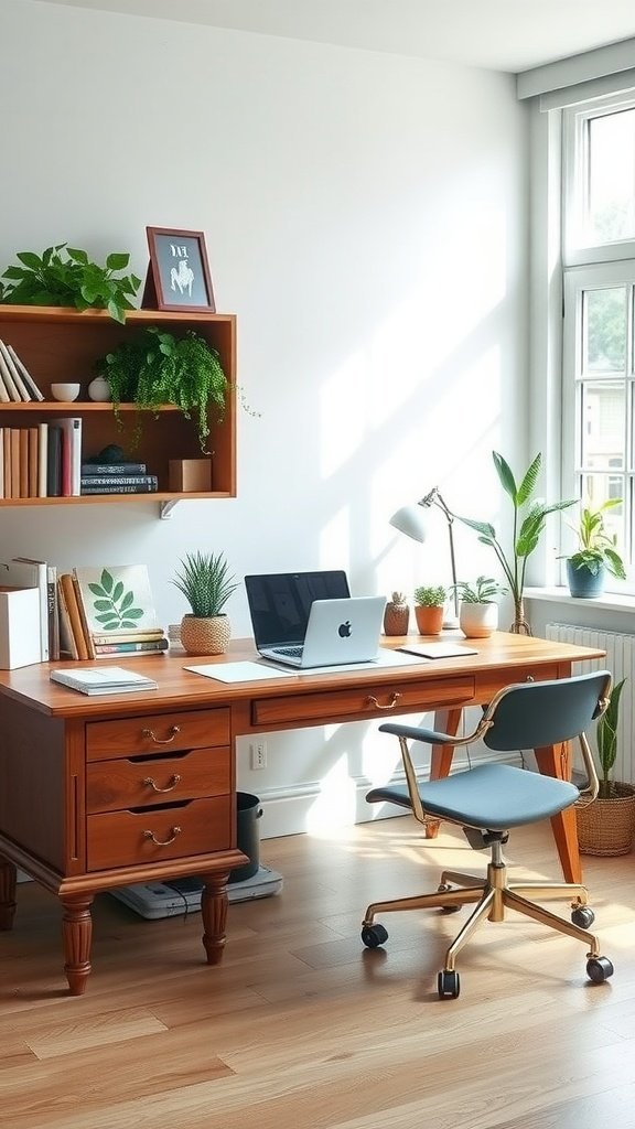 Classic wooden L-shaped desk with plants and a laptop in a bright home office