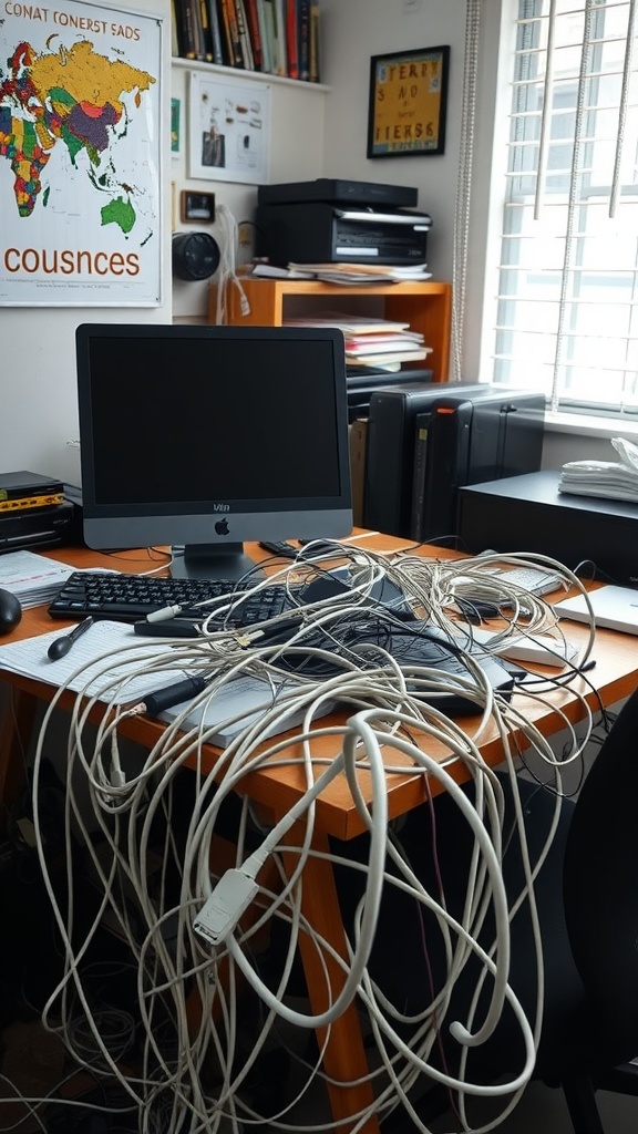 A messy home office desk with tangled cords and cables.