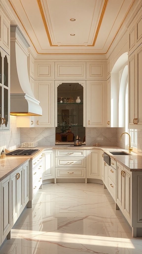 Luxurious U-shaped kitchen with gold and marble accents, featuring light cabinetry and a spacious layout.