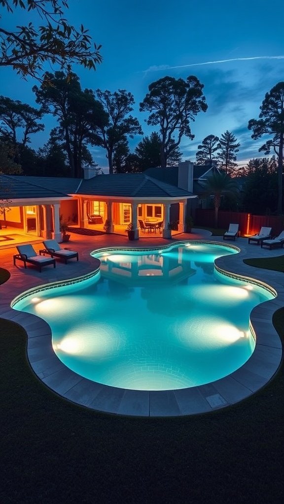 A beautifully lit customized swimming pool in a backyard during twilight.