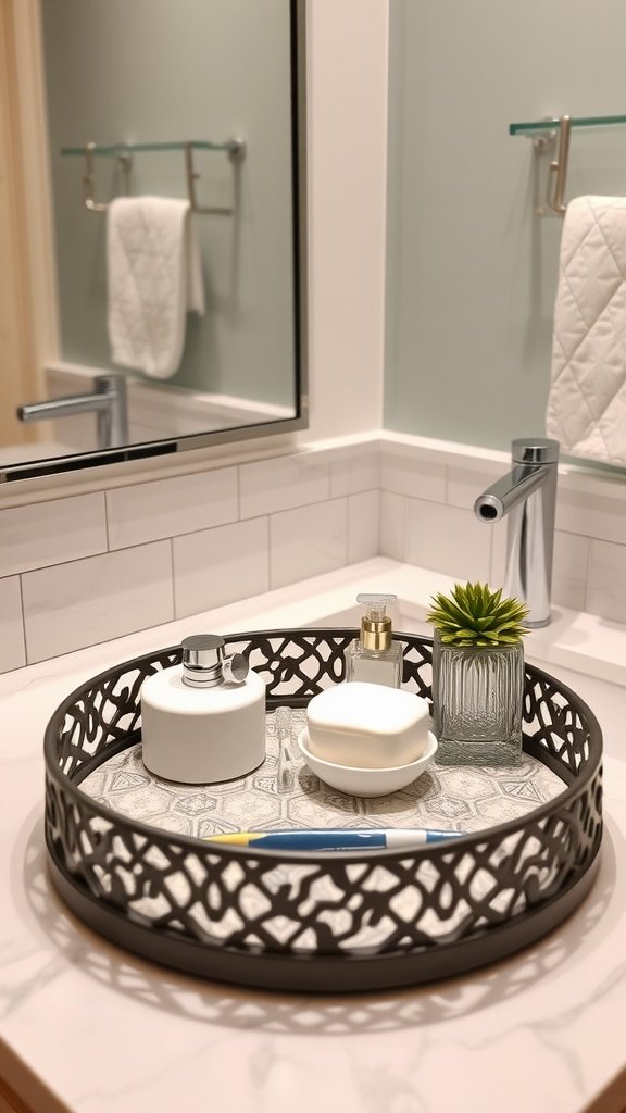 A decorative sink tray with essentials like soap, a small plant, and a glass bottle on a bathroom counter.