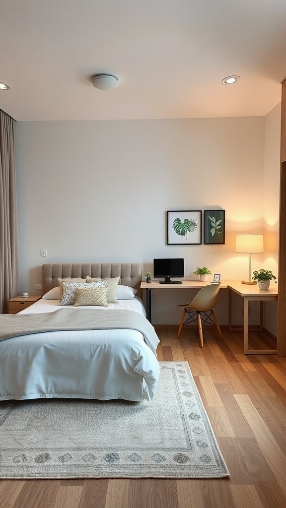 A combined guest bedroom and home office space featuring a bed and a work desk.