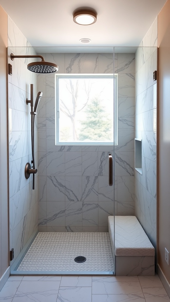 A walk-in shower with a large window, marble-patterned tiles, a rainfall showerhead, and a bench.