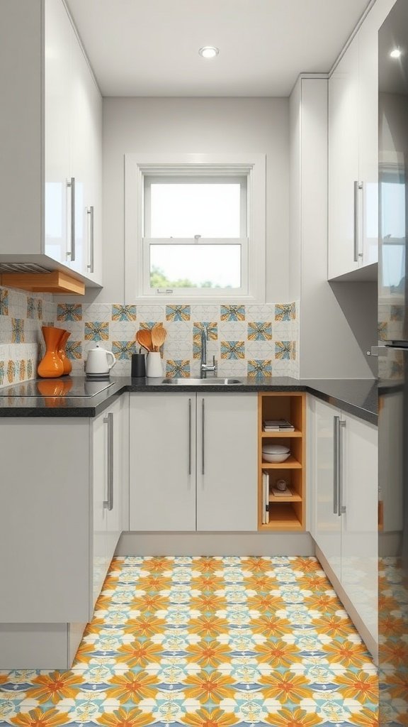 Small kitchen with colorful patterned tiles on the floor and walls.