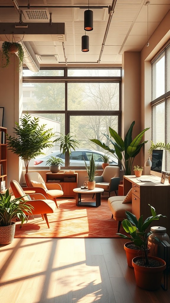 A bright, modern office with earth-tone decor, plants, and natural light.