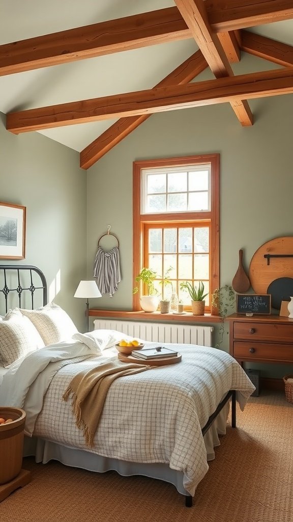 Cozy farmhouse bedroom with sage green walls, wooden beams, and plants