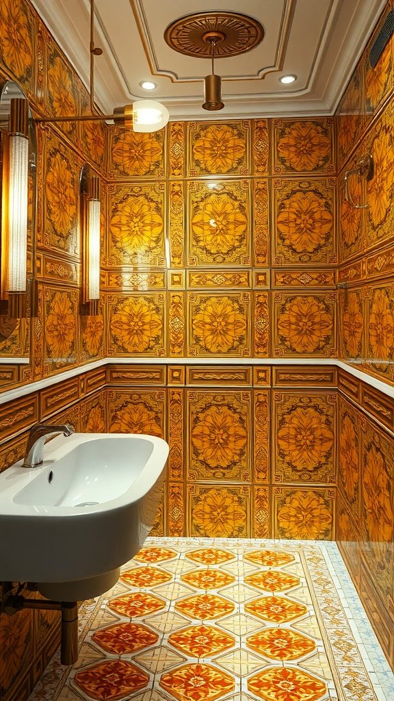 A bathroom featuring golden Art Deco tiles on walls and floor with modern lighting.
