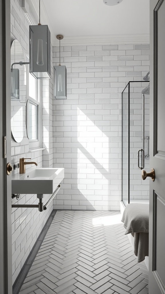 A modern bathroom featuring grey herringbone floor tiles and white subway wall tiles.