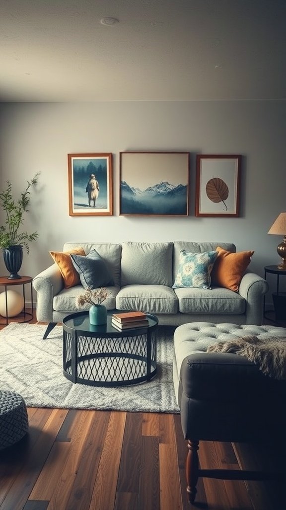 A cozy living room with a light grey sofa, colorful pillows, a round coffee table, and natural elements like a plant and artwork.