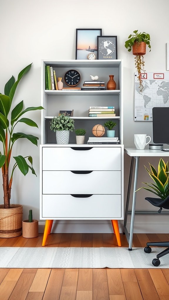 Ikea Alex drawers with bright orange legs in a stylish office setup, featuring plants and decorative shelves.
