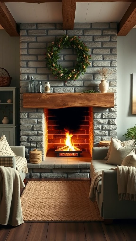 Cozy living room with a stone fireplace, wooden mantel, and a festive wreath.