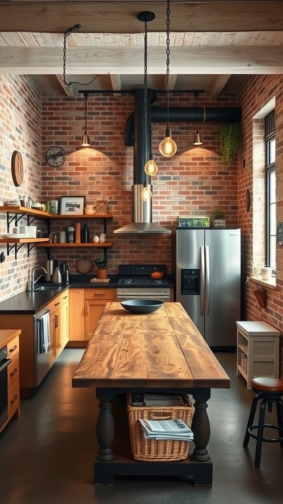 An industrial chic kitchen with exposed brick walls, wooden beams, a large wooden island, and stylish pendant lighting.