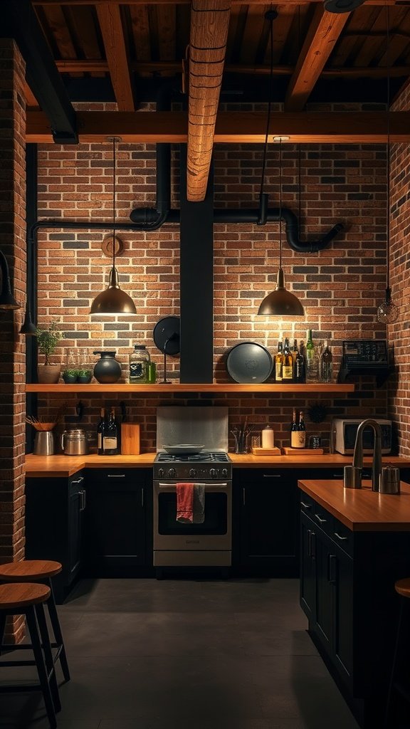 A cozy industrial rustic kitchen with exposed brick walls, black cabinetry, wooden countertops, and warm pendant lighting.