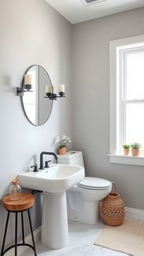 A small bathroom with light gray walls, a round mirror, and modern black fixtures, featuring plants and warm wood accents.