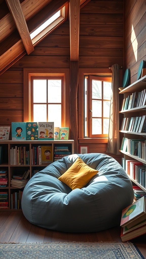 Cozy loft-style reading nook with a bean bag chair, wooden walls, and bookshelves.