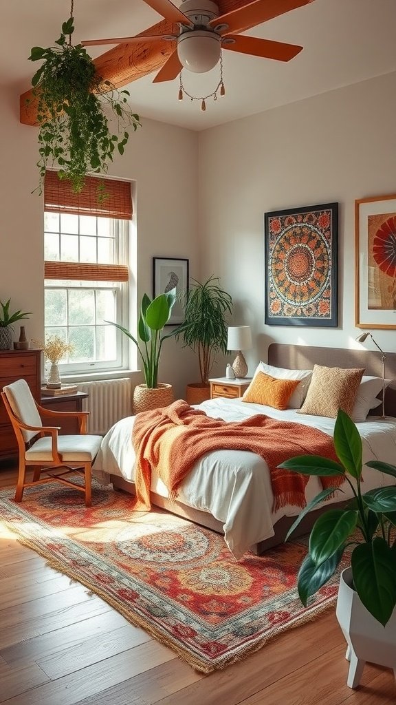 A modern global boho bedroom featuring a white bed with an orange throw, a wooden chair, plants, and colorful artwork.