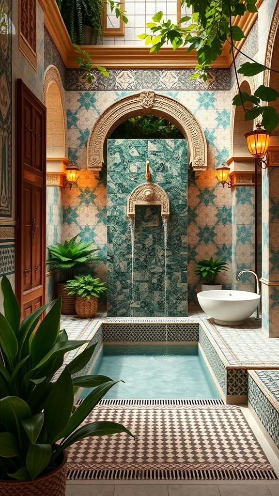 A beautifully designed Moroccan spa bathroom featuring intricate tiles, a wall fountain, and a soaking tub surrounded by greenery.