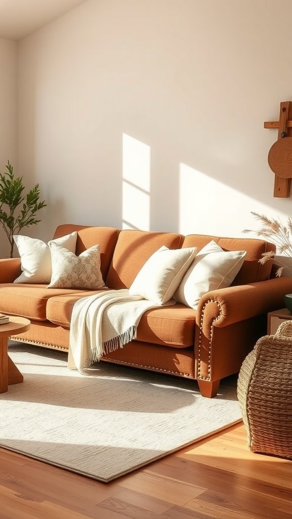A brown couch adorned with cream pillows and a blanket in a bright, minimalist farmhouse living room.