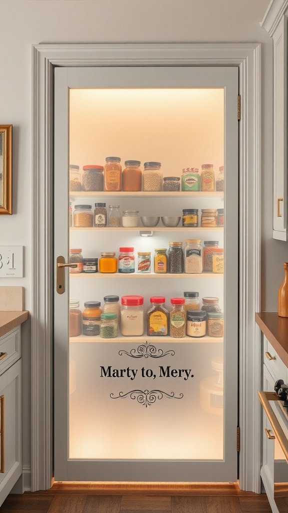 A frosted glass pantry door with jars and spices visible through it, featuring warm lighting and decorative text.