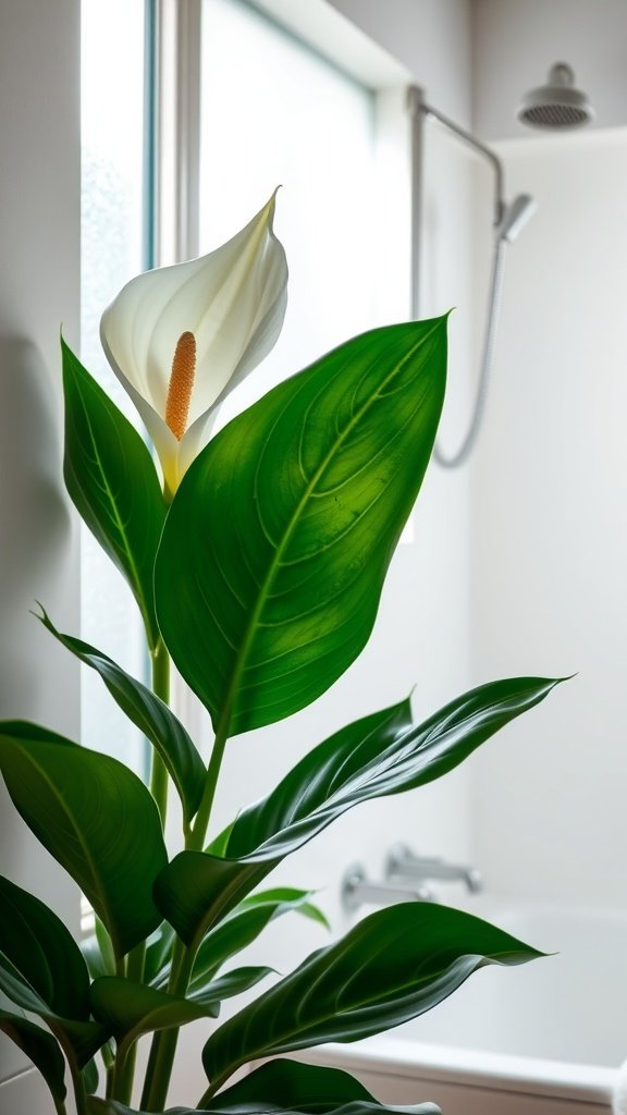 A Peace Lily with large green leaves and a white flower, positioned near a shower in a bright bathroom.