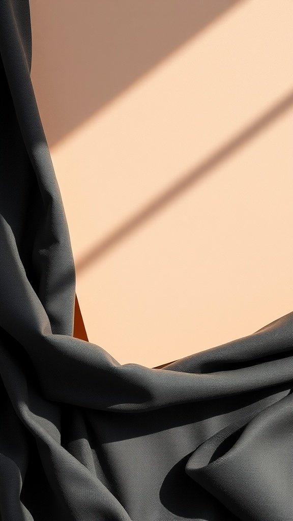 A close-up image showing a peach background with flowing charcoal gray fabric.
