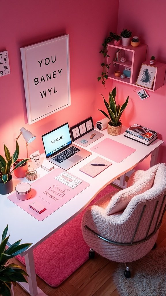 A cozy pink-themed desk setup with a laptop, plants, and decorative items.