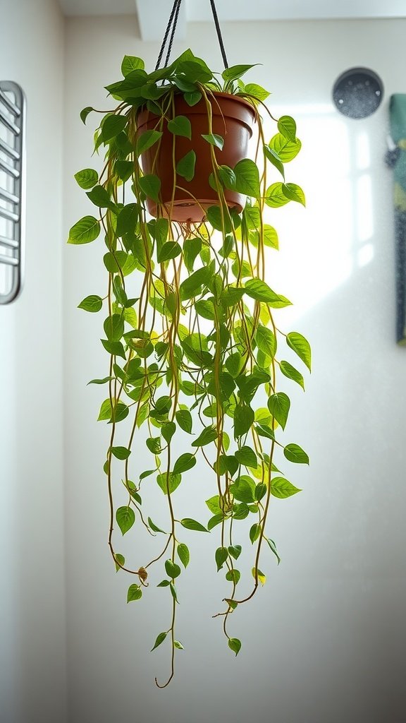 Hanging Pothos plant with long trailing vines in a bright bathroom.