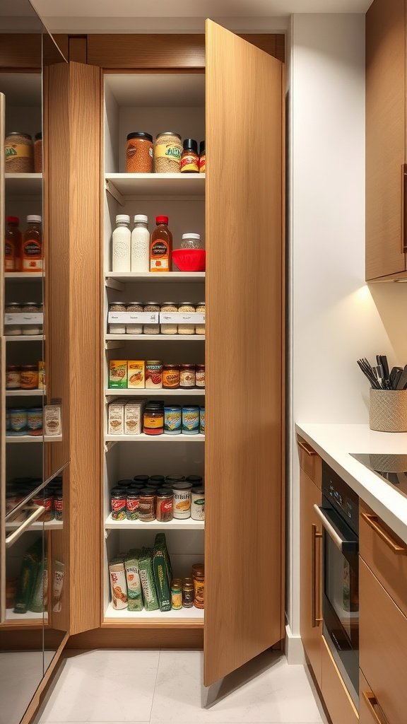 A pull-out pantry with neatly organized shelves in a small apartment kitchen.