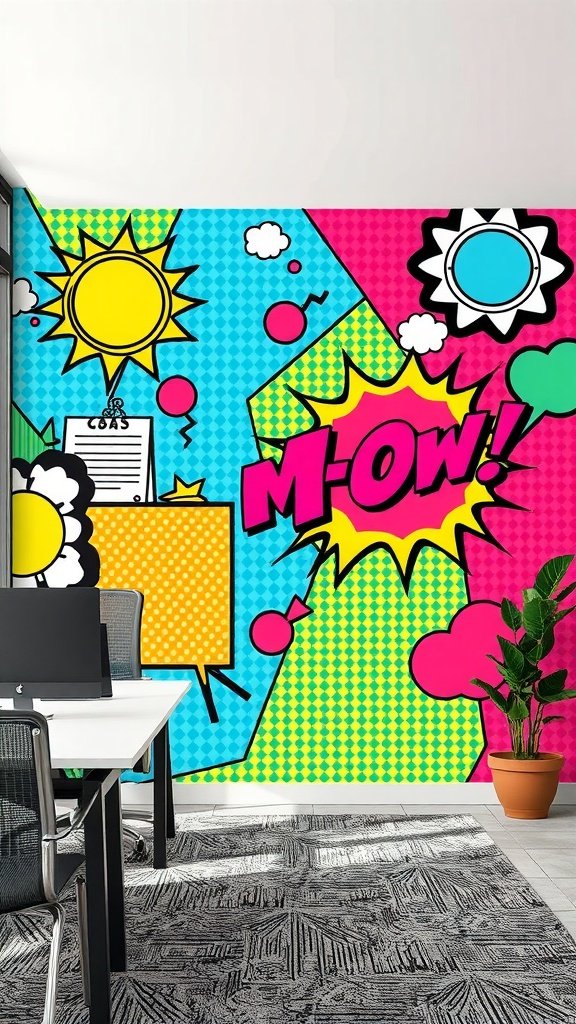 An office with a colorful retro pop art accent wall featuring playful graphics.